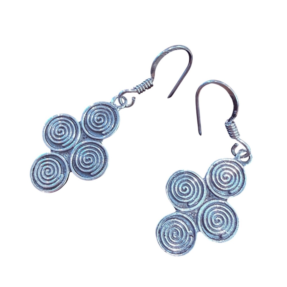 Silver Quadruple Spiral Drop‎ Earrings Boho Tribal Dangle French Hook Whimsical